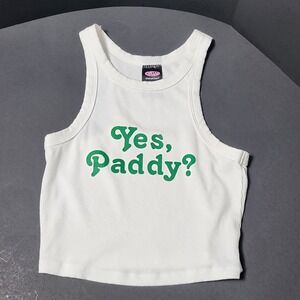 Cherry Kitten Yes Paddy Ribbed Graphic Tank Top White Green Small Sleeveless‎